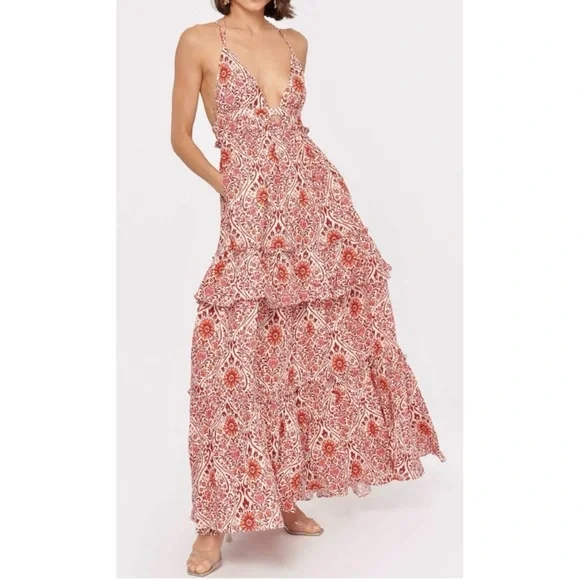 Cami NYC Doris Damask Floral Sleeveless Linen Maxi Dress Red - Picture 2 of 10